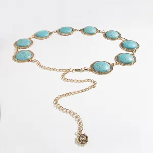 Retro Türkis Metall Taillenkette für Damen, boho Bauchkette mit verzierten ovalen Steinen.