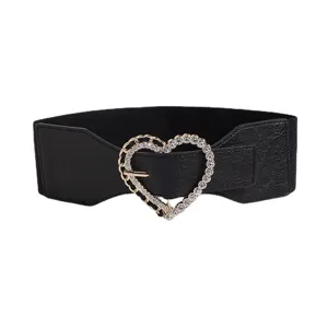 Cinturón elástico ancho para mujer con hebilla de corazón brillante negro chic moda