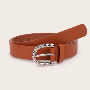 Women retro brown PU leather belt with stylish twisted metal buckle, ideal for daily casual wear.