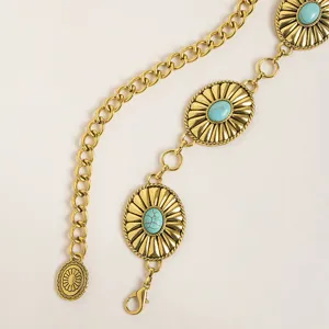 Turquoise detail of the retro gold metal waist chain, vintage bohemian style belt piece.