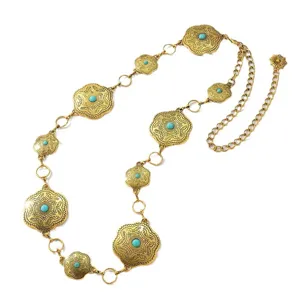 Vrouwen Boho Turquoise Bloem Metaal Taille Ketting Westerse Vintage Lichaam Sieraden