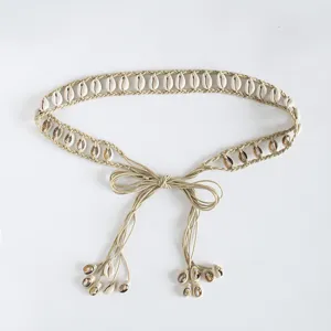 Boho natural shell braided waist belt for women, handmade summer beach dress accessory.