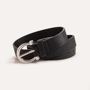 Classic black PU leather women belt with silver horseshoe buckle, coiled main product view.