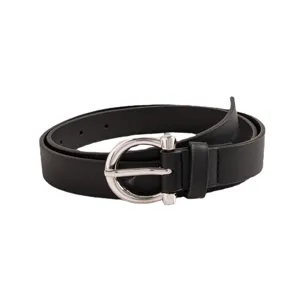Black PU leather belt for women with silver horseshoe buckle, stylish everyday waist belt.