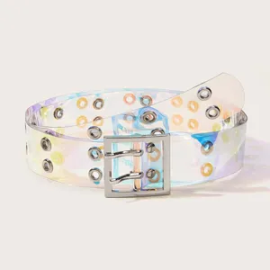Clear holographic PVC double grommet belt for women, trendy Y2K fashion waist accessory.