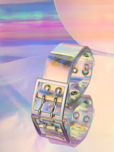 Transparent holographic PVC double pin belt, close-up view showing metal buckle and eyelets.