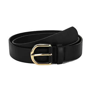 Women PU leather belt with gold metal buckle, stylish casual daily commuting wear outfit.