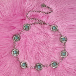 Women western style metal waist chain with turquoise stones, heavy silver chain belt.