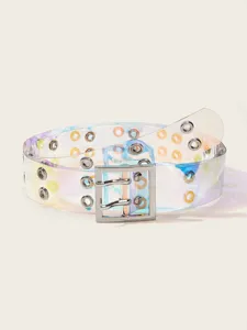 Transparent iridescent PVC double grommet belt detail shot showing silver square double prong buckle.