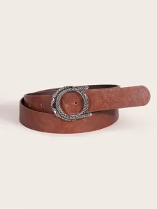 Vue détaillée de la ceinture en cuir marron rétro pour femme avec boucle serpent argentée.