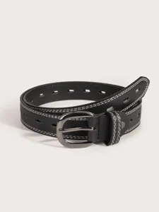 Black perforated leather women belt detail view with contrast white stitching and buckle