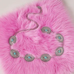 Western style silver metal chain belt with turquoise stones for women, chic waist accessory.