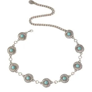 Women Western turquoise metal chain belt bohemian style silver waist jewelry for dress