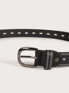 Detailed view of women black leather belt with gunmetal buckle, hollow design and contrast stitching.