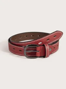 Women red leather belt detail, white stitching, gunmetal buckle hollow design basic style.