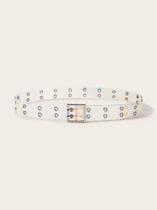 Clear holographic PVC double grommet belt close-up detail showcasing metal double prong buckle.