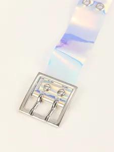 Transparent holographic PVC double pin belt detail showing trendy Y2K fashion style.