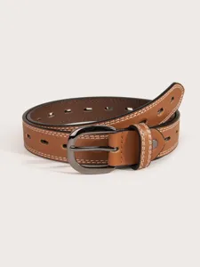 Close-up detail of women brown leather belt featuring white contrast stitching and buckle.