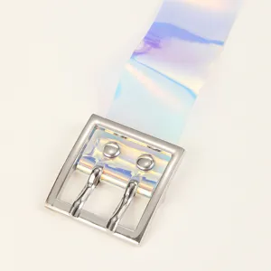 Transparent holographic PVC belt with silver double prong buckle, Y2K fashion style.