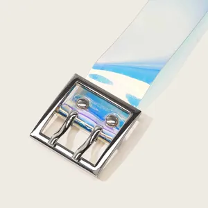Transparent holographic PVC women's belt with silver double prong square buckle, summer fashion style.