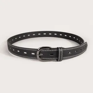 Versatile black leather women's belt with hollow design, white stitching, and gunmetal buckle.