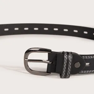 Versatile women's black leather belt with gunmetal buckle and white contrast stitching.