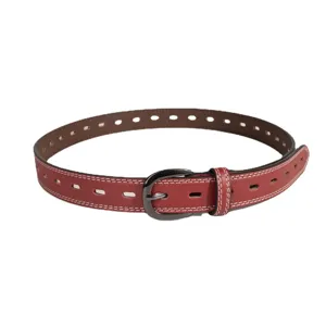 Women leather belt hollow out design casual dark red waist belt with metal pin buckle main