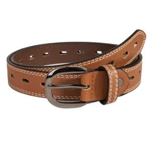 Classic brown women leather belt with white stitching and gunmetal buckle hollow design.