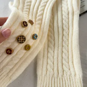 Y2K retro knit arm warmers with cute buttons long fingerless winter gloves beige cozy