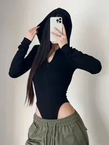 Femme Manches Longues Capuche Fermeture Éclair Body Moulant Uni Casual Combinaison