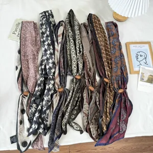 Vintage Maillard Floral Silk Scarf With Magnetic Buckle Retro Paisley Houndstooth Print Long Ribbon Neck Scarf Fashion Streamer Accessories For Women