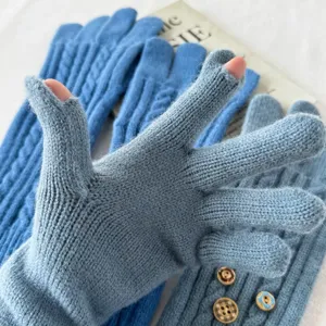 Women long knitted touchscreen gloves fingerless vintage winter warm cozy mittens buttons