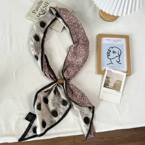 Chic floral polka dot silk twilly scarf with magnetic buckle for women, elegant neck ribbon.