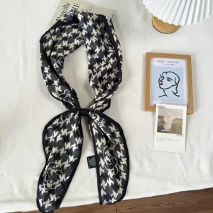 Chic black white houndstooth camellia print long scarf ribbon with magnetic buckle