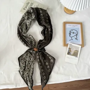 Maillard style floral long silk scarf neck ribbon, elegant geometric pattern shirt accessory.