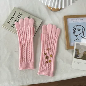 Pink cable knit long gloves with decorative buttons Y2K vintage style winter hand warmers