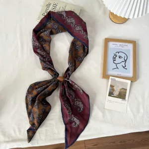 Brown paisley pattern long twilly scarf detail, vintage style silk ribbon for shirt.