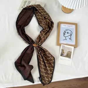 Brown chevron pattern long silk scarf with magnetic buckle chic fashion neck ribbon.