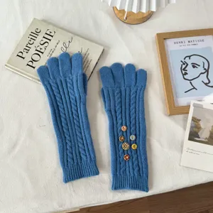 Vintage blue cable knit long gloves with chic buttons, warm touch screen winter gloves.
