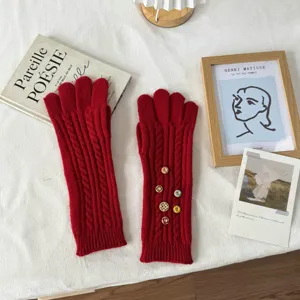 Y2K retro long knit gloves with buttons, warm touchscreen wool gloves for winter fashion style.