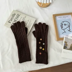 Retro button cable knit arm warmer gloves, winter warm ribbed fingerless long gloves brown