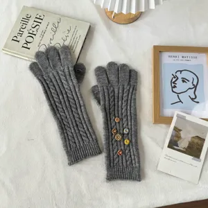 Y2K vintage long knit fingerless gloves with buttons, cozy warm winter thermal handwear.