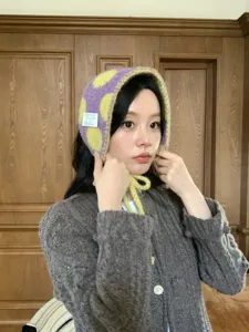 Knit plush thermal earflap hat with cute polka dot pattern, soft cozy winter warm bonnet cap.