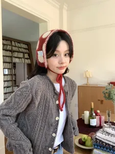 Winter knitted plush string earmuffs warm cozy cute beanie hat for women cold weather fashion