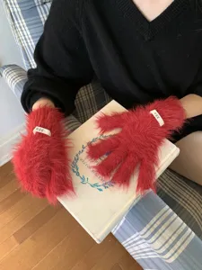 Women fluffy faux mink gloves solid color winter warm cozy knit split finger cute mittens