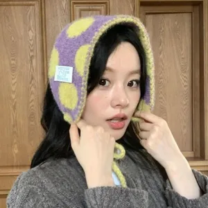 Winter Warm Knitted Plush Earmuffs Polka Dot Cute Ear Protection Hat With Lace Up Ties Soft Fluffy Ear Warmer Women