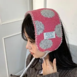 Pink grey polka dot knitted ear muff winter warm plush bonnet hat side view main image