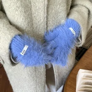 Women Winter Warm Faux Mink Fur Touch Screen Gloves Solid Color Casual Knit Split Finger Mittens Fashion Riding Handwear