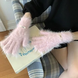 Pink fluffy knit gloves for women winter plush touch screen warm split finger gloves