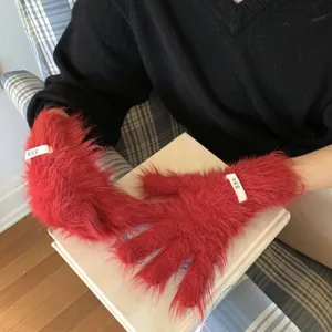 Fluffy red winter touchscreen gloves for women, cozy plush faux mink knit warm mittens.